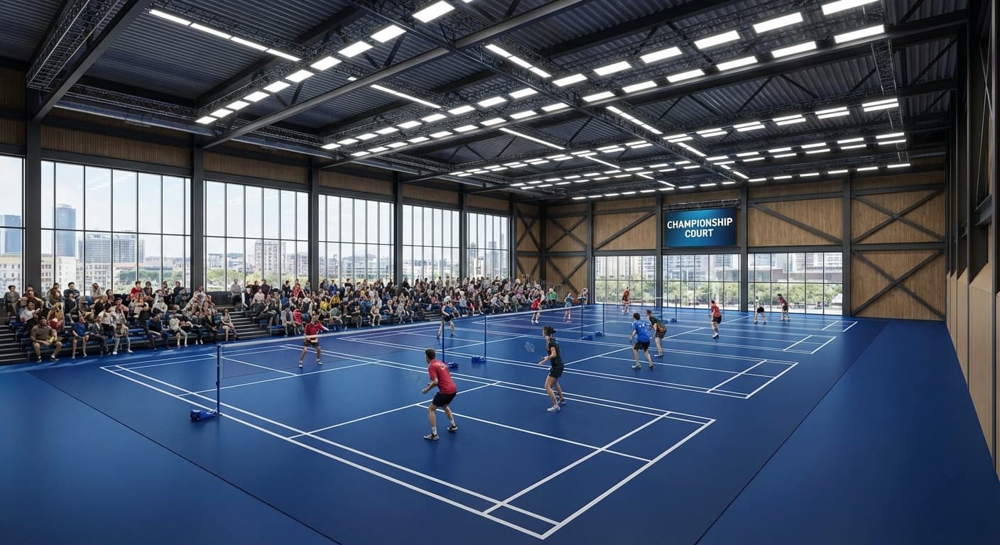 Competition badminton courts in a modern indoor venue