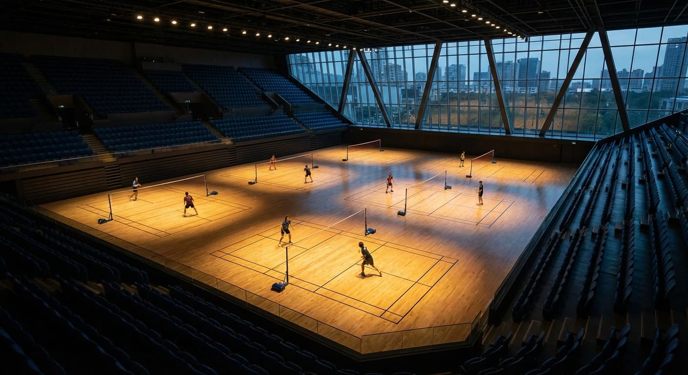 A badminton court prepared for practice and match play