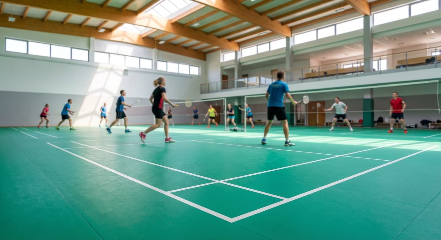 Players moving across a bright badminton court